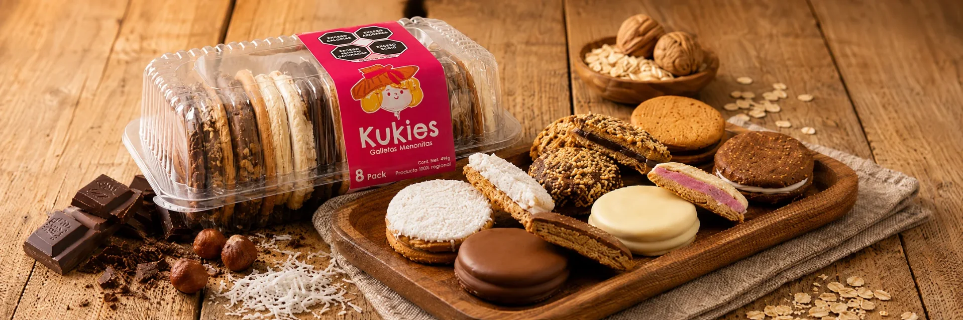 Caja de 8 Kukies junto a una charola con galletas de cada sabor